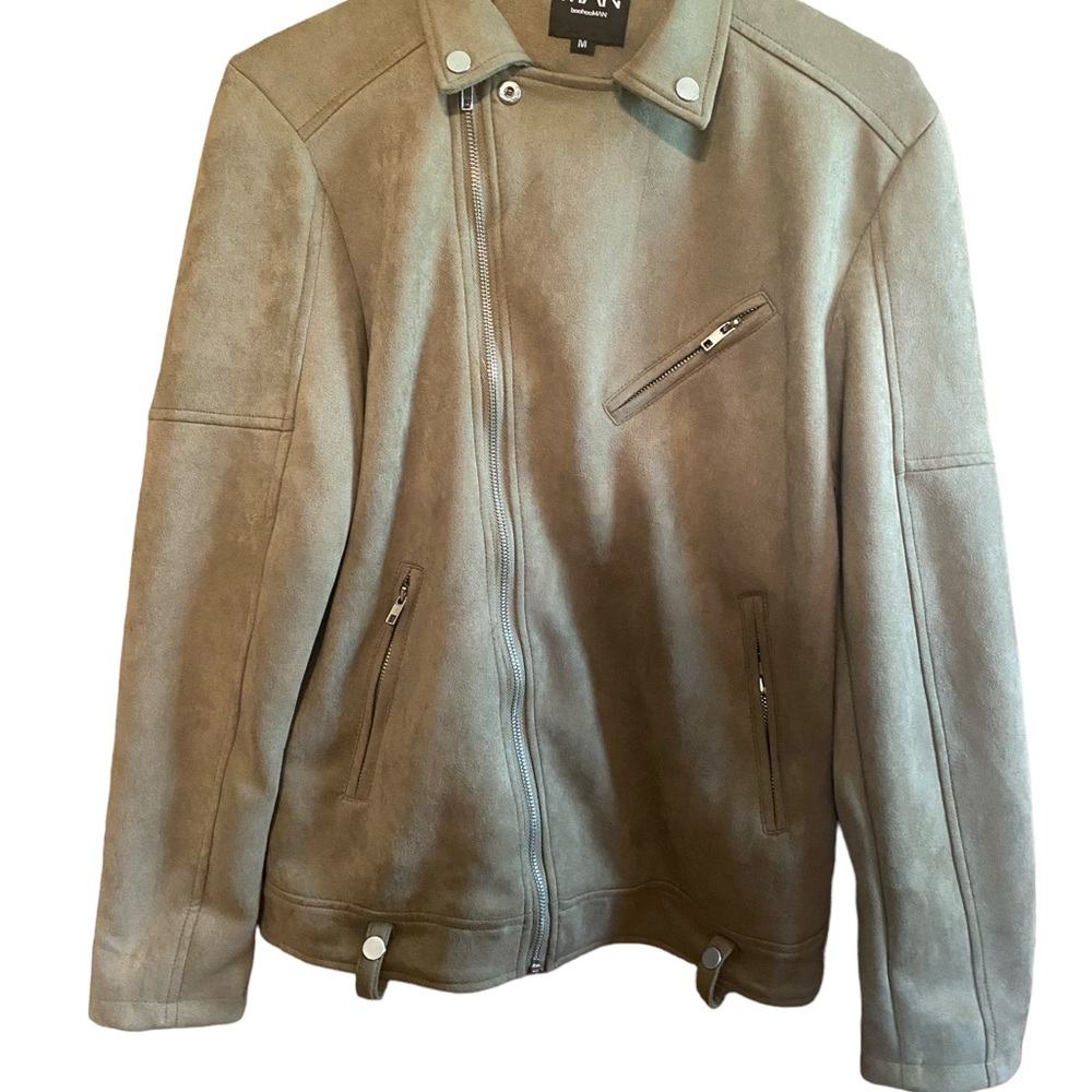 Men’s boohoo MAN Khaki/Olive Faux Suede Biker Jacket - Size M /NWOT - Picture 2 of 9